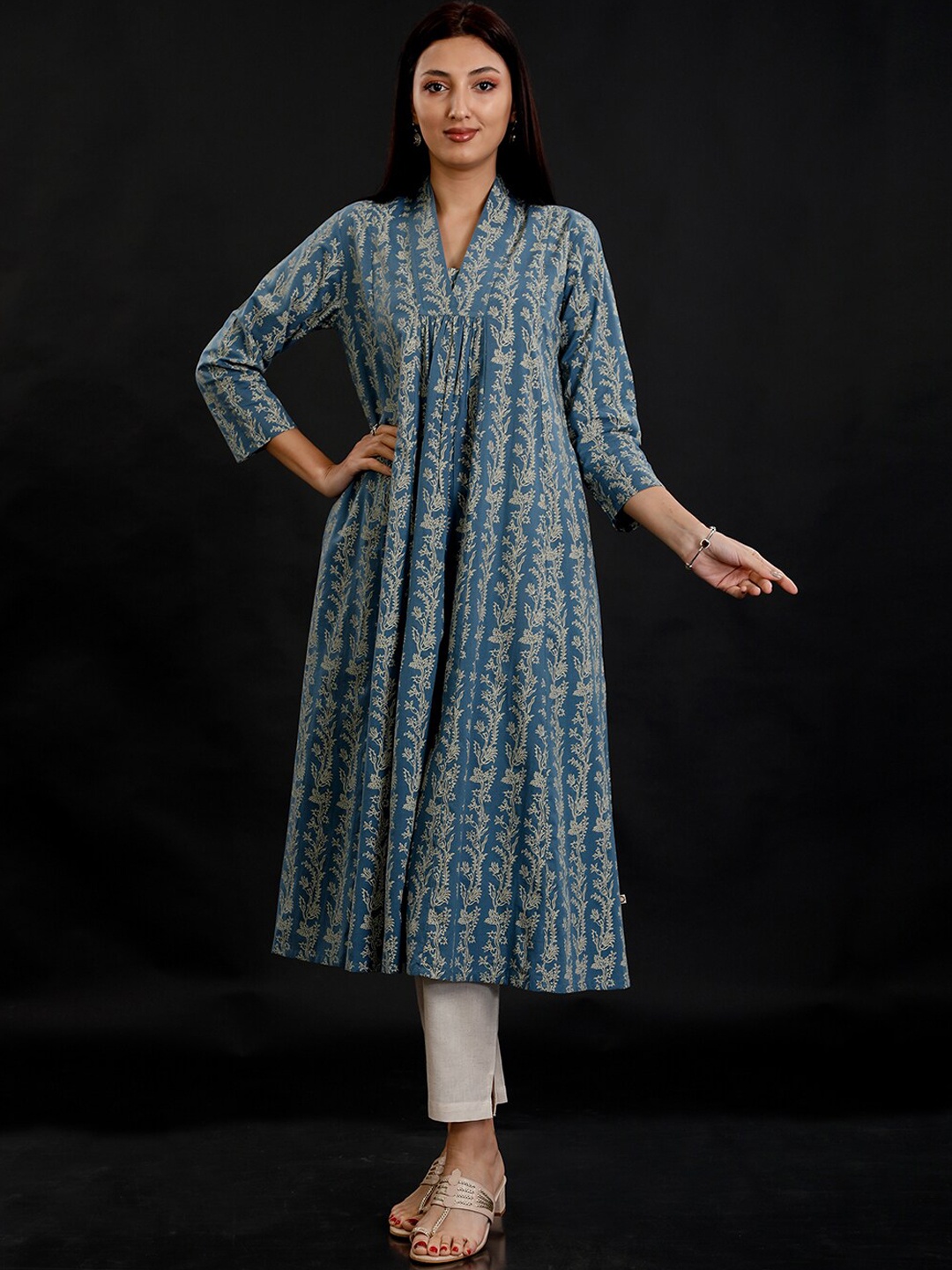 

FABNEST Ethnic Motifs Printed V-Neck Pleated Pure Cotton A-Line Kurta, Blue