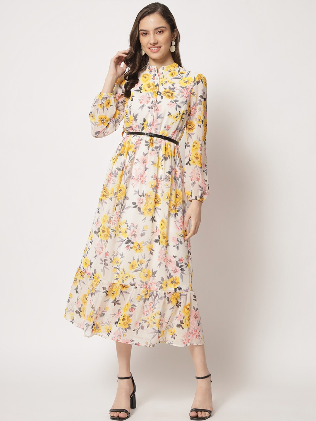 

HERE&NOW Mandarin Collar Floral Printed Georgette A-Line Midi Dress With Belt, Off white