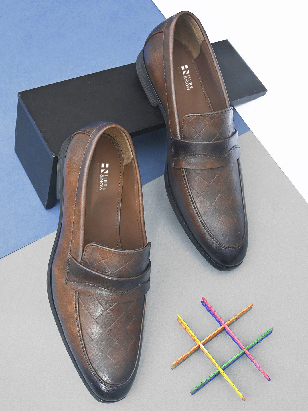 

HERE&NOW Men Textured Comfort-Fit Slip-On Loafers Shoes, Brown