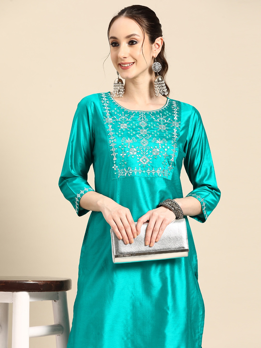 

Sangria Women Ethnic Motifs Embroidered Mirror Work Pastels Kurta, Blue