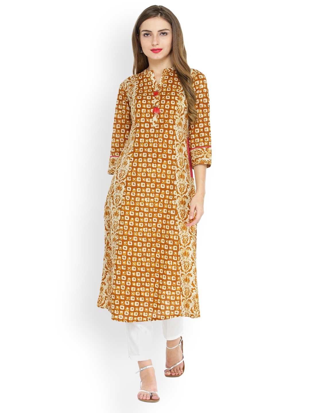 

Indibelle Women Yellow & Cream-Coloured Printed Kurta with Trousers