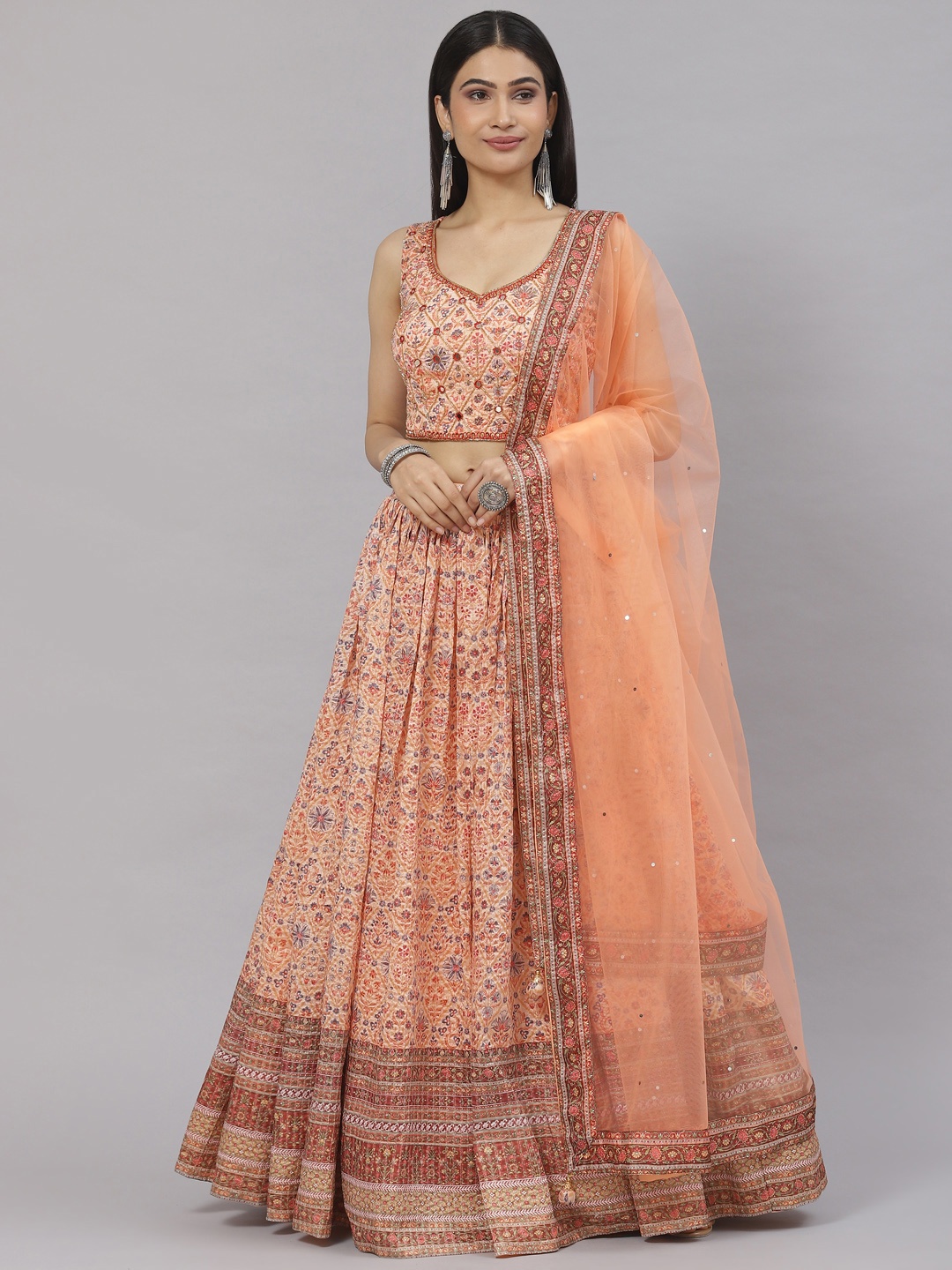 

Readiprint Fashions Embroidered Sequinned Ready to Wear Lehenga & Blouse With Dupatta, Orange