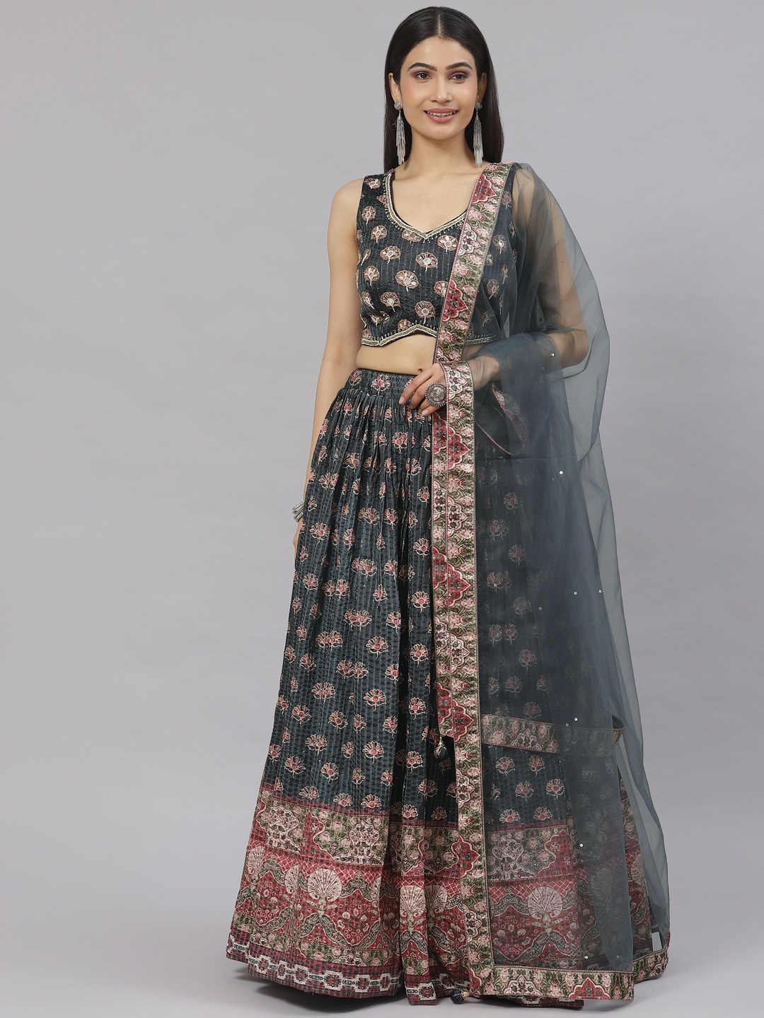 

Readiprint Fashions Embroidered Sequinned Ready to Wear Lehenga & Blouse With Dupatta, Grey