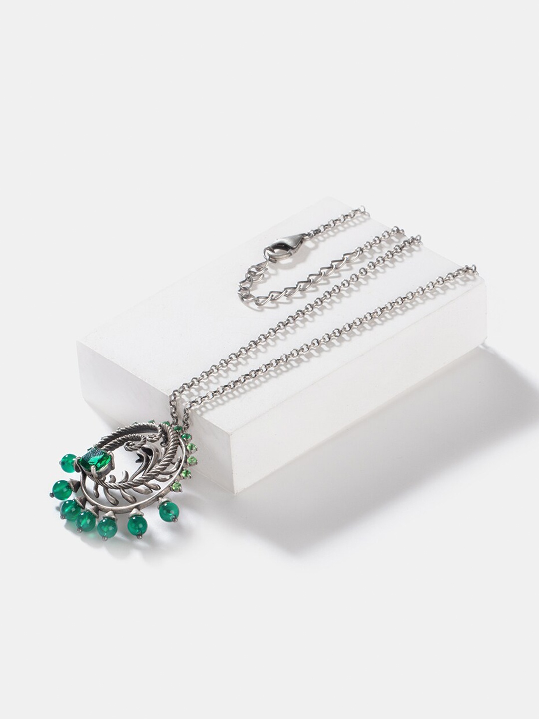 

SHAYA 925 Sterling Silver-Plated Oxidised Stone Studded Chain With Pendant, Green