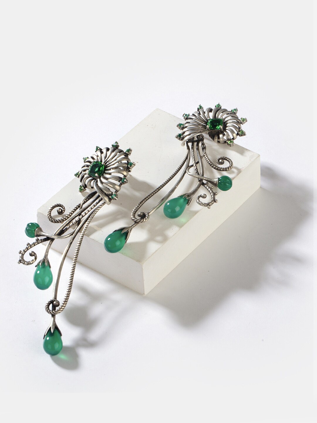 

SHAYA 925 Sterling Silver Contemporary Oxidized Drop Earrings, Green