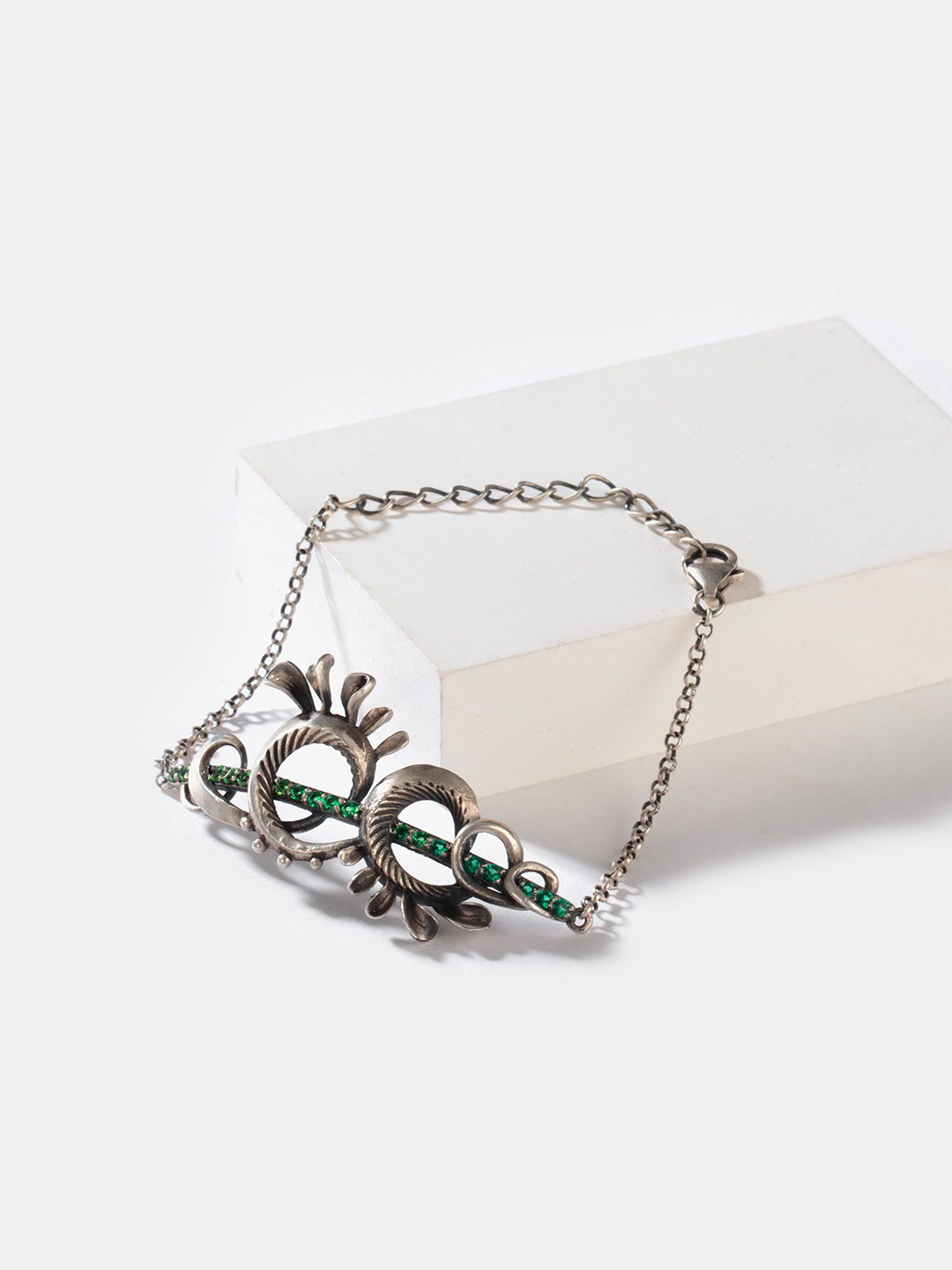 

SHAYA Silver-Plated Stone-Studded Oxidized Link Bracelet, Green
