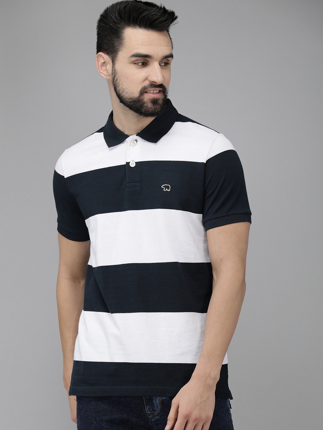 THE BEAR HOUSE Striped Polo Collar Slim Fit Cotton T-shirt, Navy blue