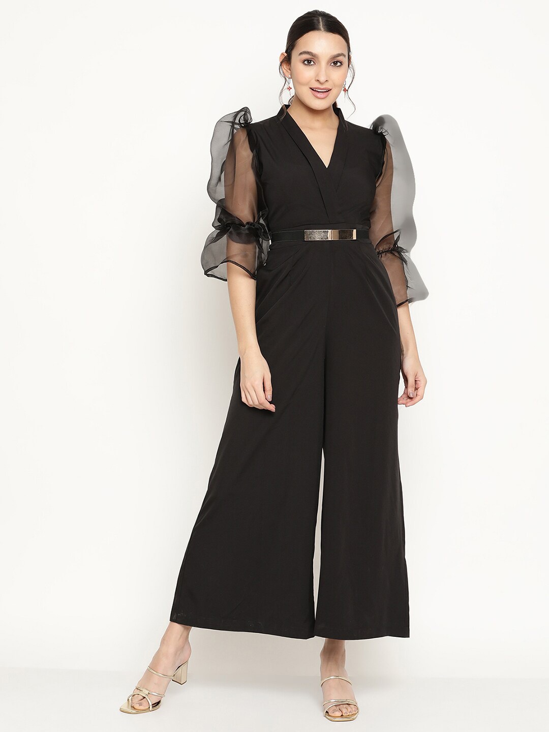 

The Vanca V-Neck Puff Sleeves Basic Jumpsuit, Black