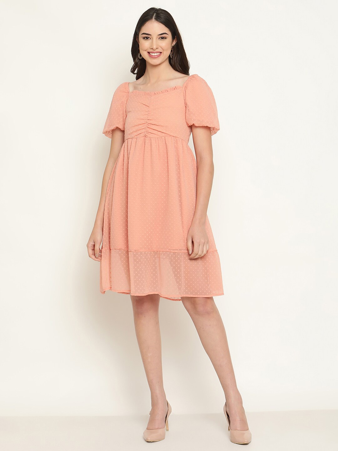 

The Vanca Self Design Puff Sleeves Ruched Fit & Flare Dress, Peach