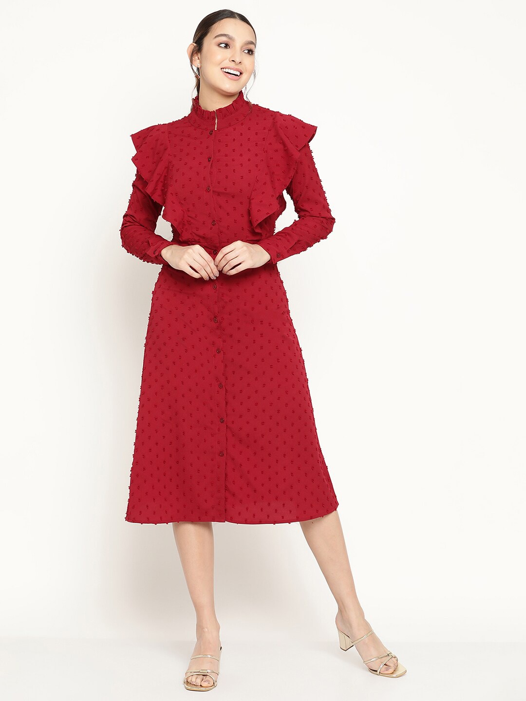 

The Vanca Self Design Ruffles A-Line Midi Dress, Maroon