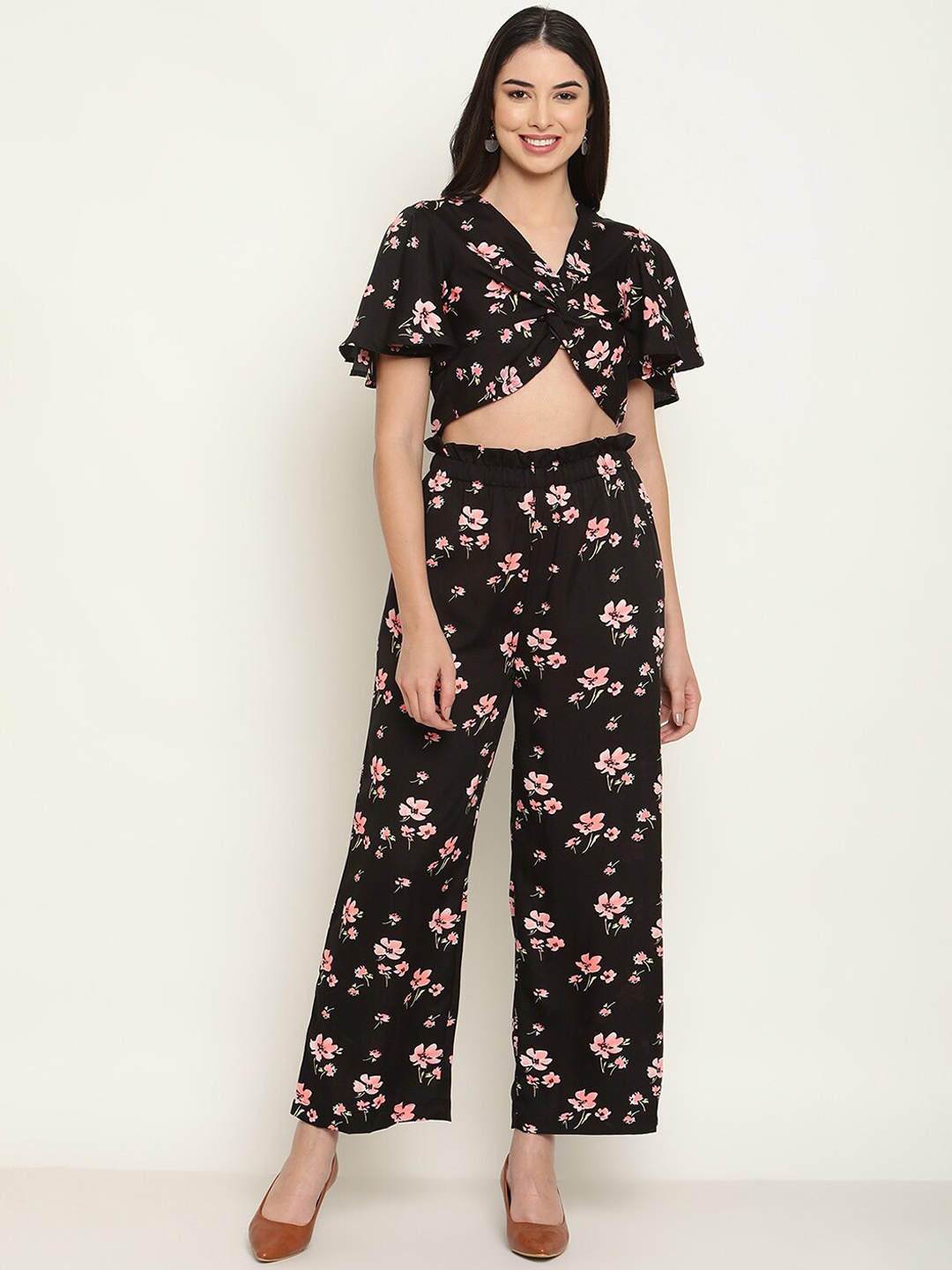 The Vanca Women Floral Printed Top & Trouser Co-Ord Set, Black