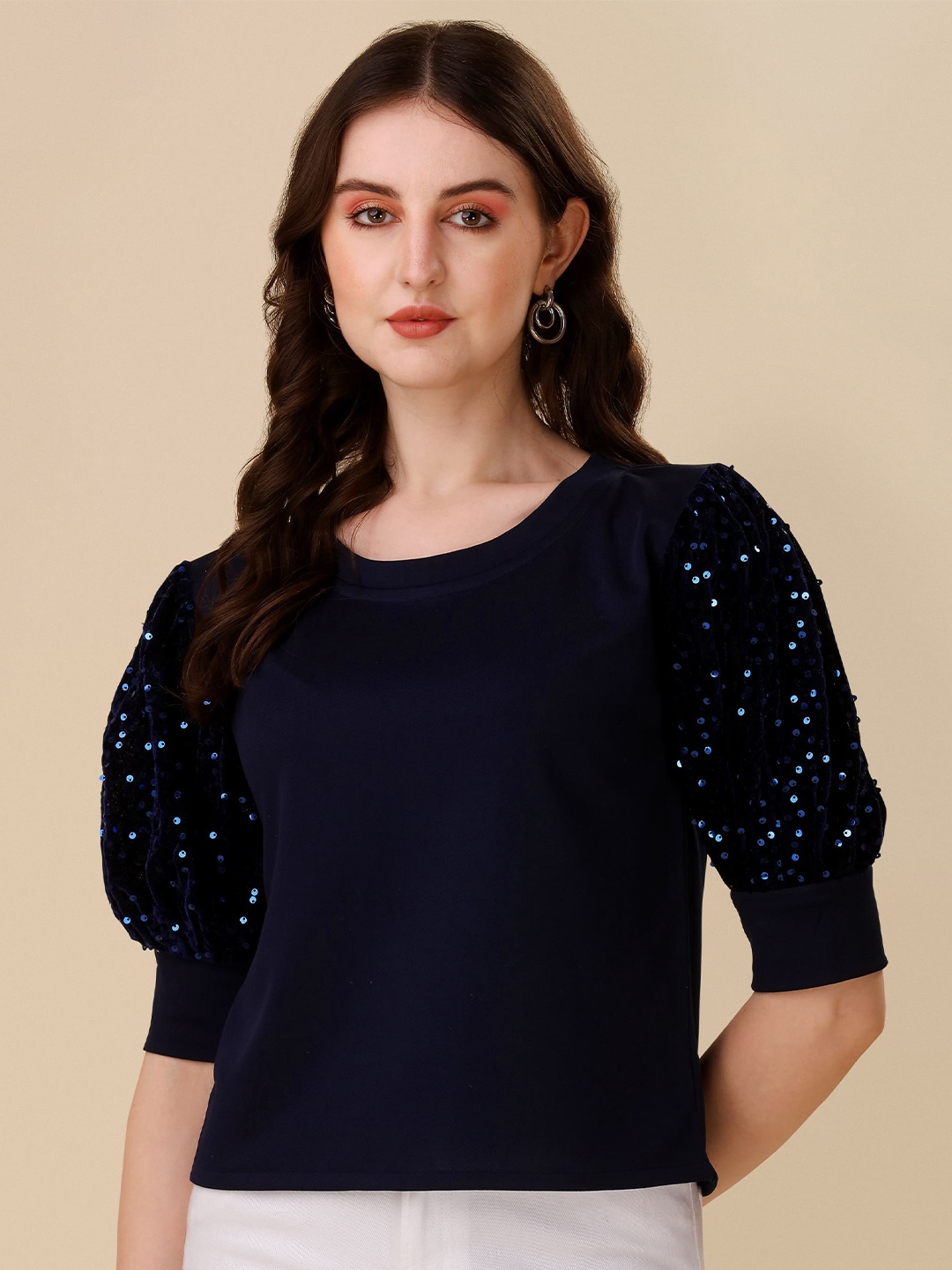 

Paralians Embellished Puff Sleeves Sequinned Top, Navy blue