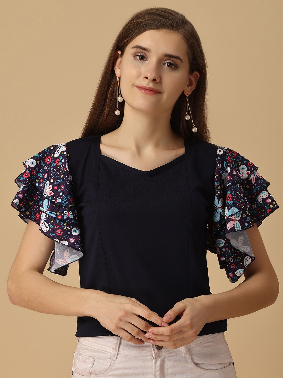 

Paralians V-Neck Floral Printed Flutter Sleeves Regular Top, Blue