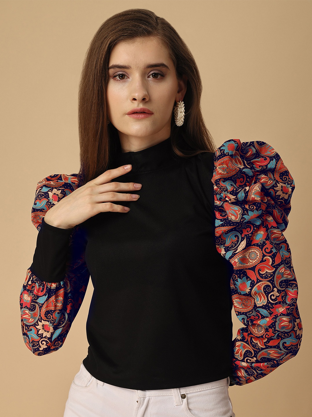 

Paralians High Neck Puff Sleeves Ethnic Motifs Printed Top, Black