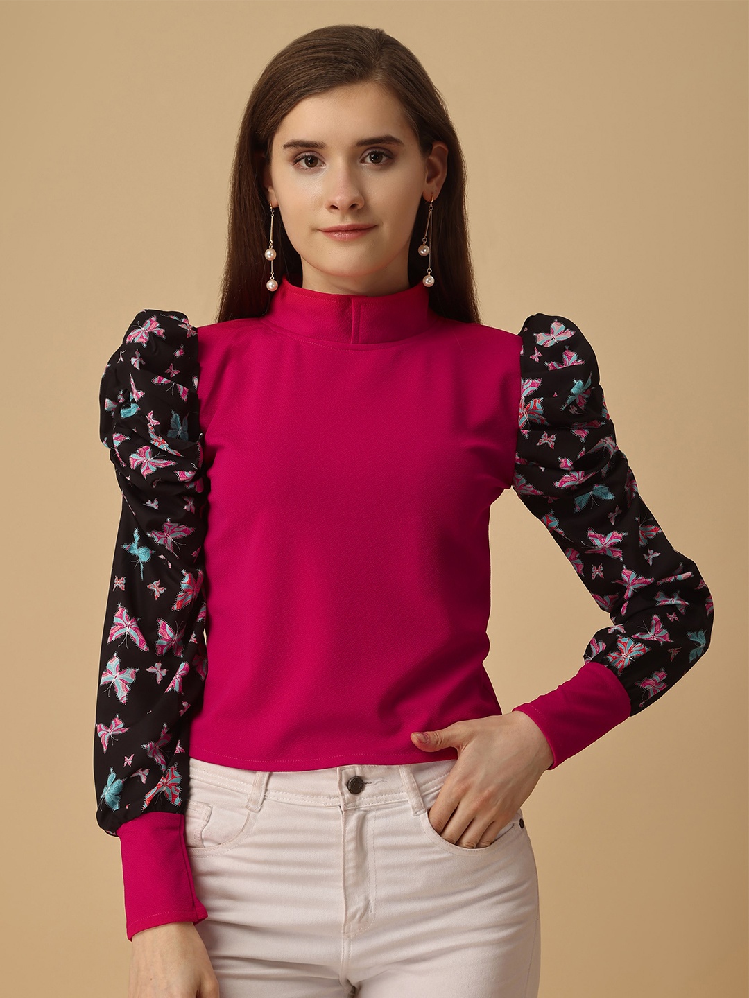 

Paralians Conversational Printed High Neck Puff Sleeves Top, Magenta