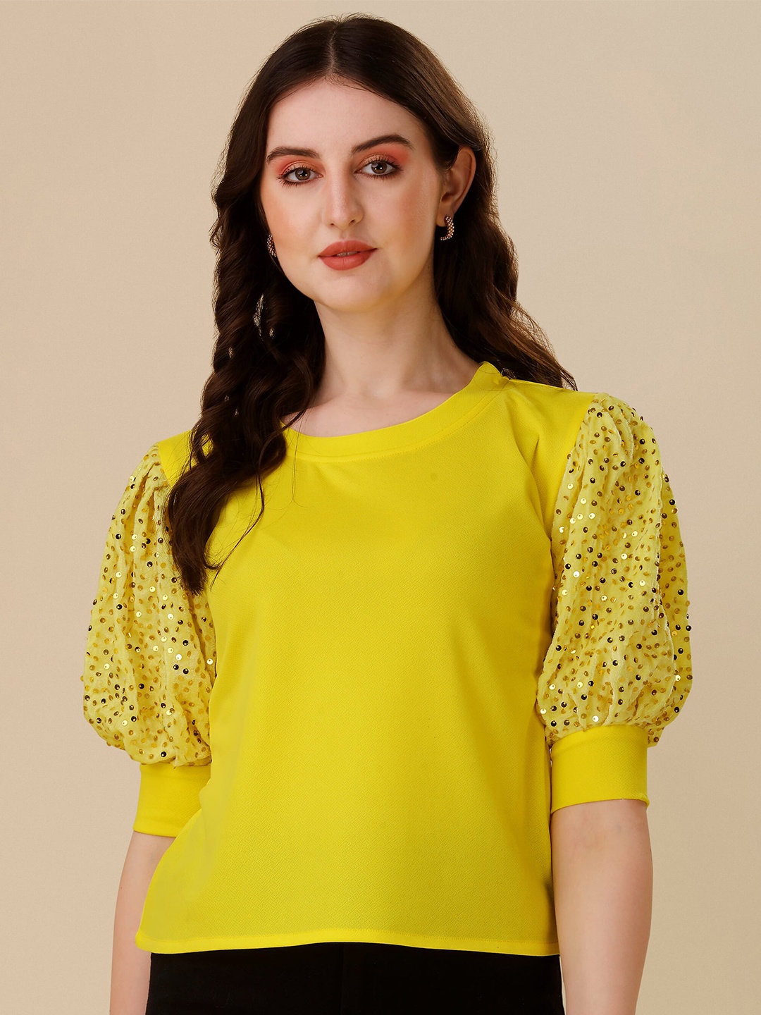 

Paralians Sequined Puff Sleeves Top, Yellow