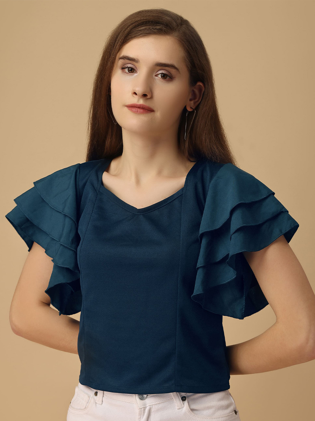 

Paralians V Neck Flared Sleeves Top, Teal