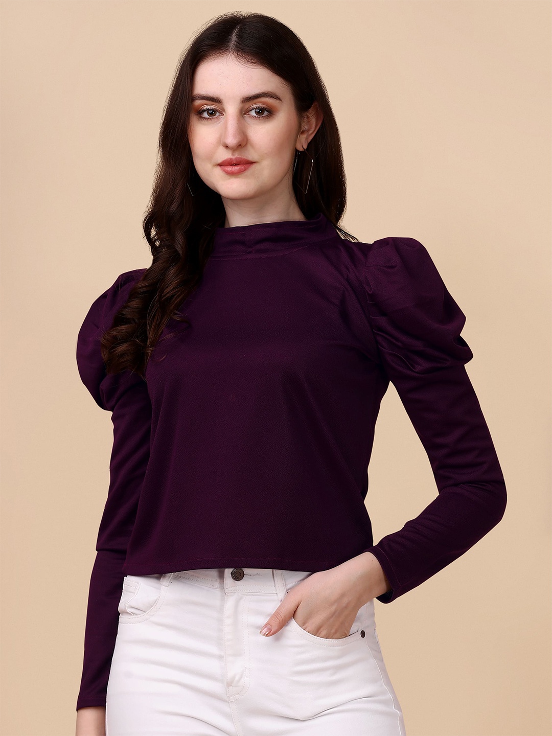 

Paralians High Neck Puff Sleeves Top, Burgundy