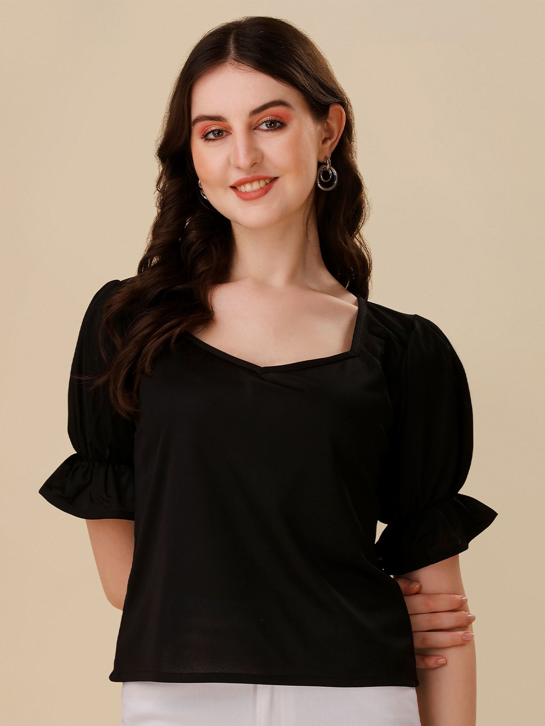 

Paralians Sweetheart Neck Puff Sleeves Regular Top, Black