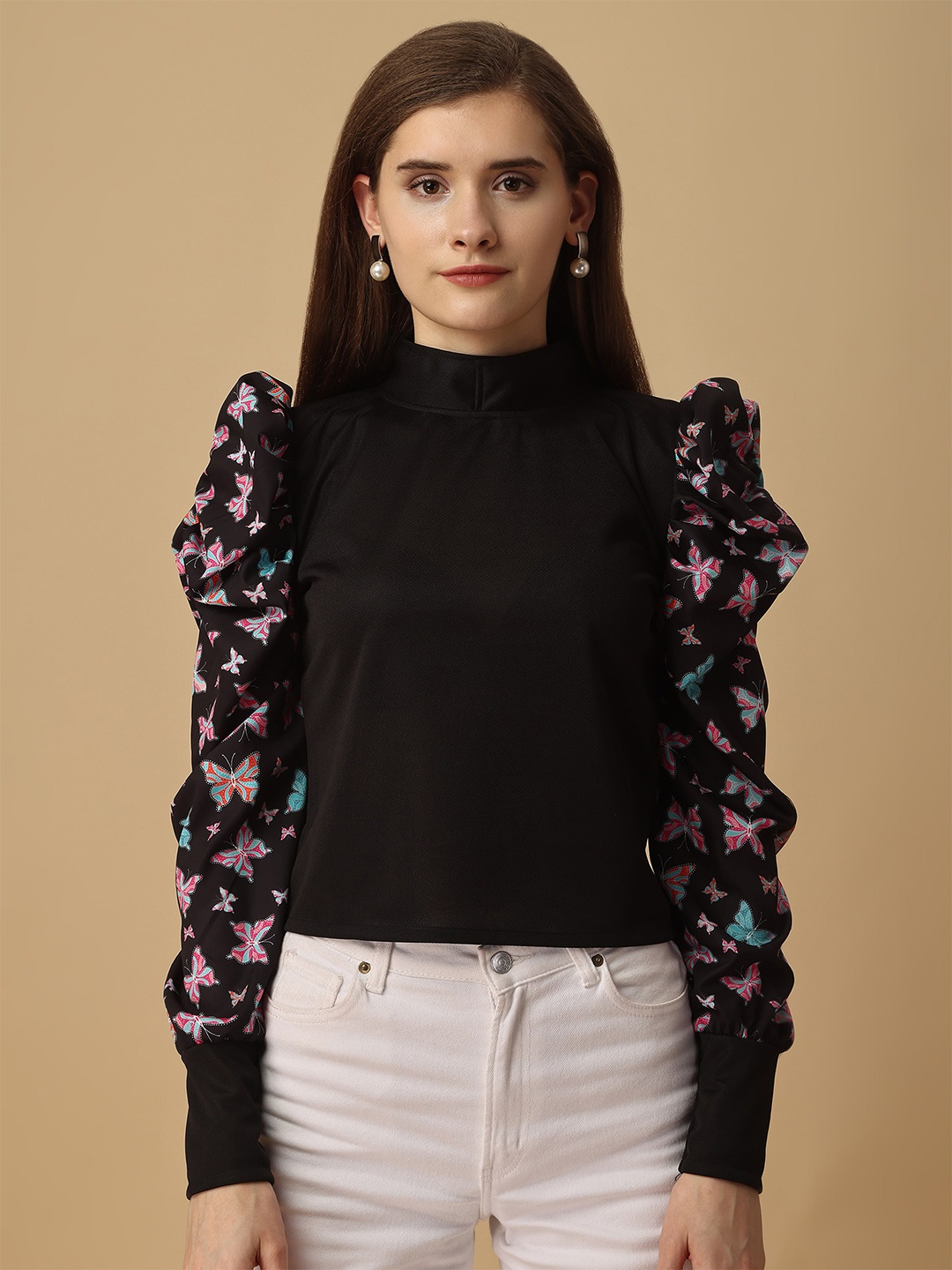 

Paralians Puff Sleeves High Neck Top, Black