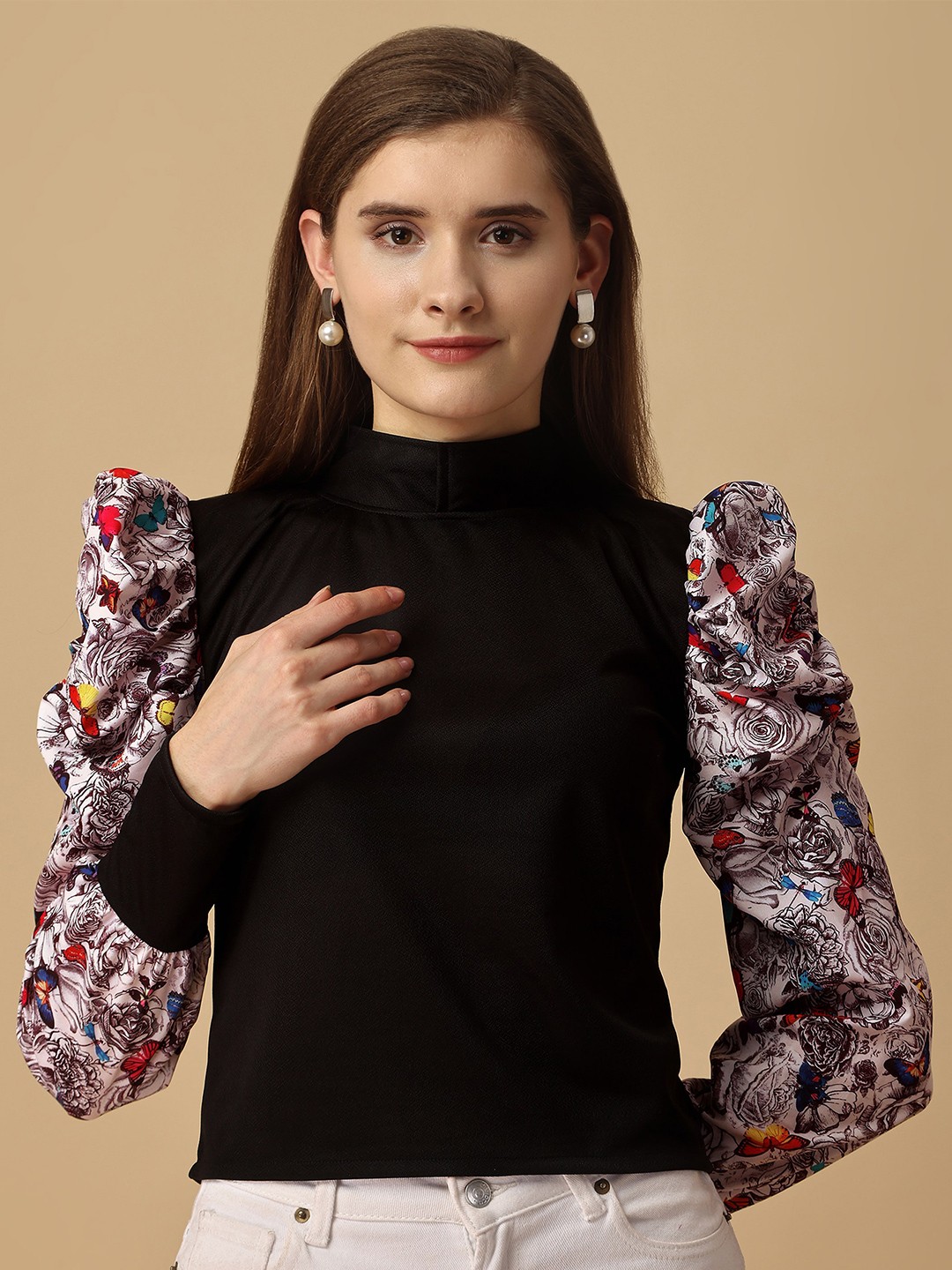 

Paralians High Neck Graphic Printed Puff Sleeves Regular Top, Black