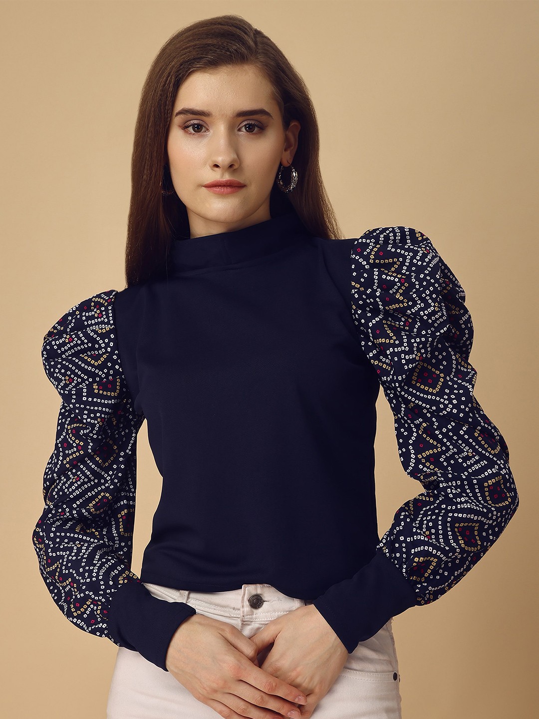 

Paralians High Neck Puff Sleeves Top, Blue