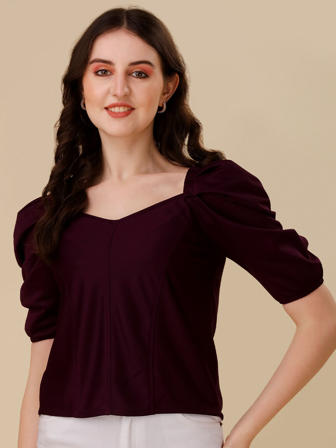 

Paralians Sweetheart Neck Puff Sleeves Regular Top, Purple
