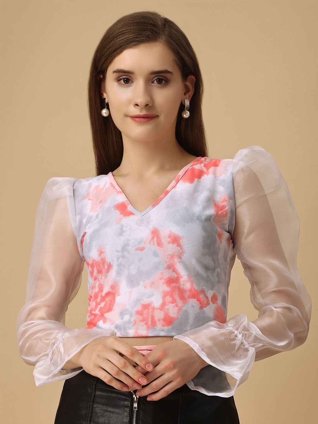 

Paralians V-Neck Puff Sleeves Tie & Dye Fitted Crop Top, Grey