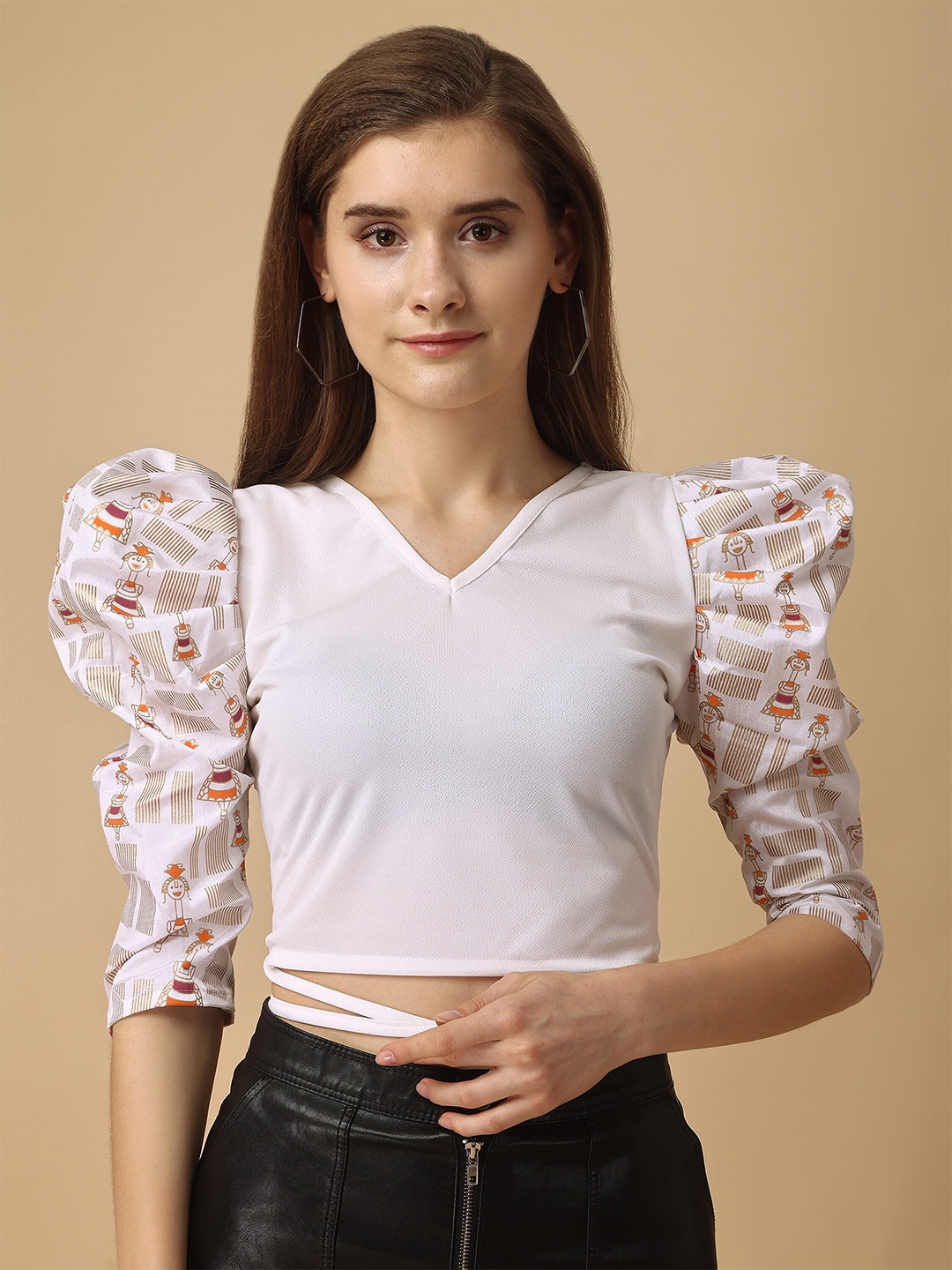 

Paralians V-Neck Puff Sleeves Waist Tie-Up Crop Top, White