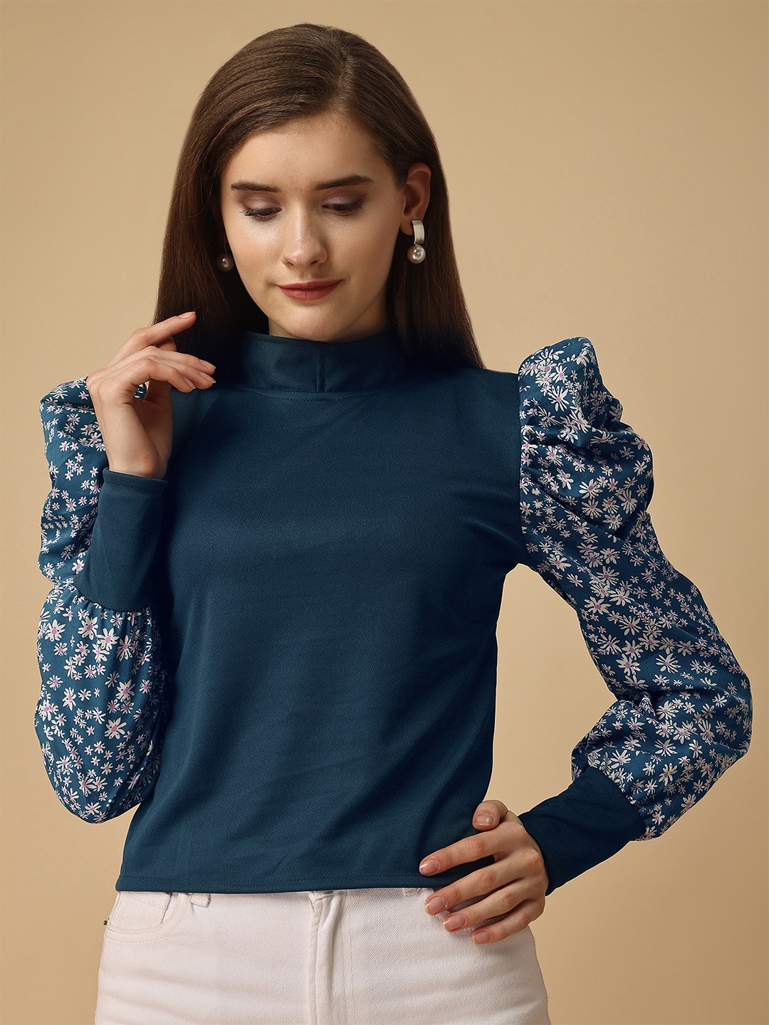 

Paralians High Neck Puff Sleeves Floral Printed Top, Teal
