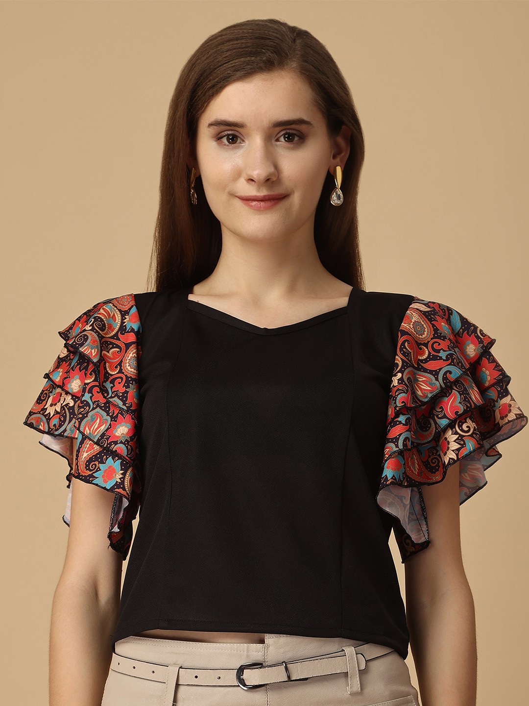 

Paralians V-Neck Flared Neck Top, Black