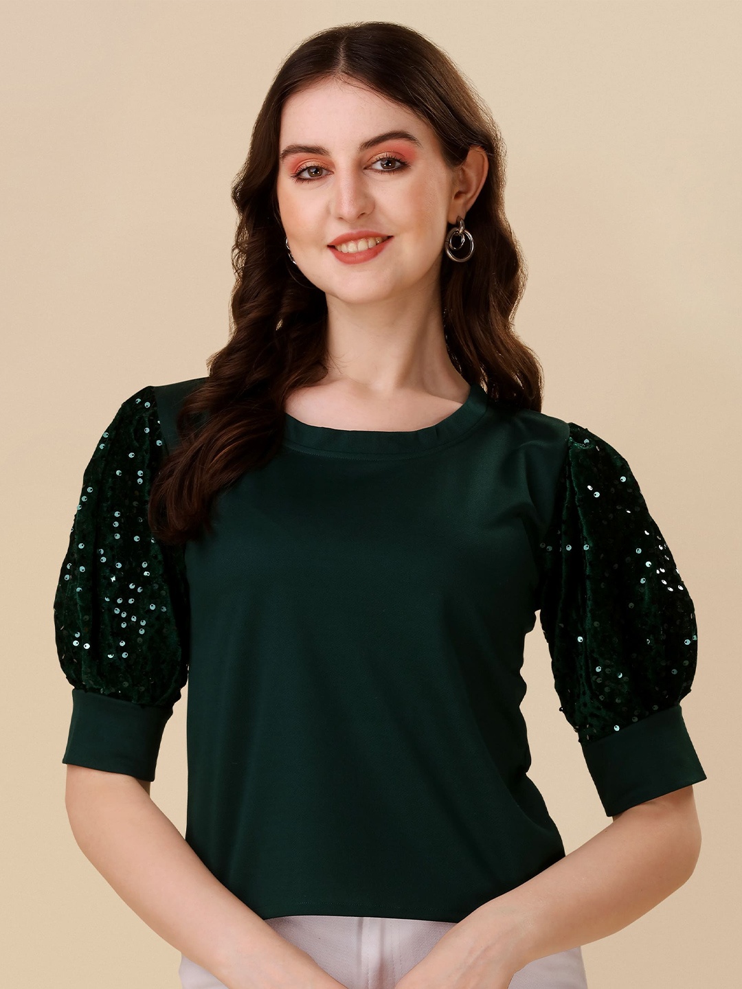 

Paralians Embellished Puff Sleeves Sequinned Top, Green
