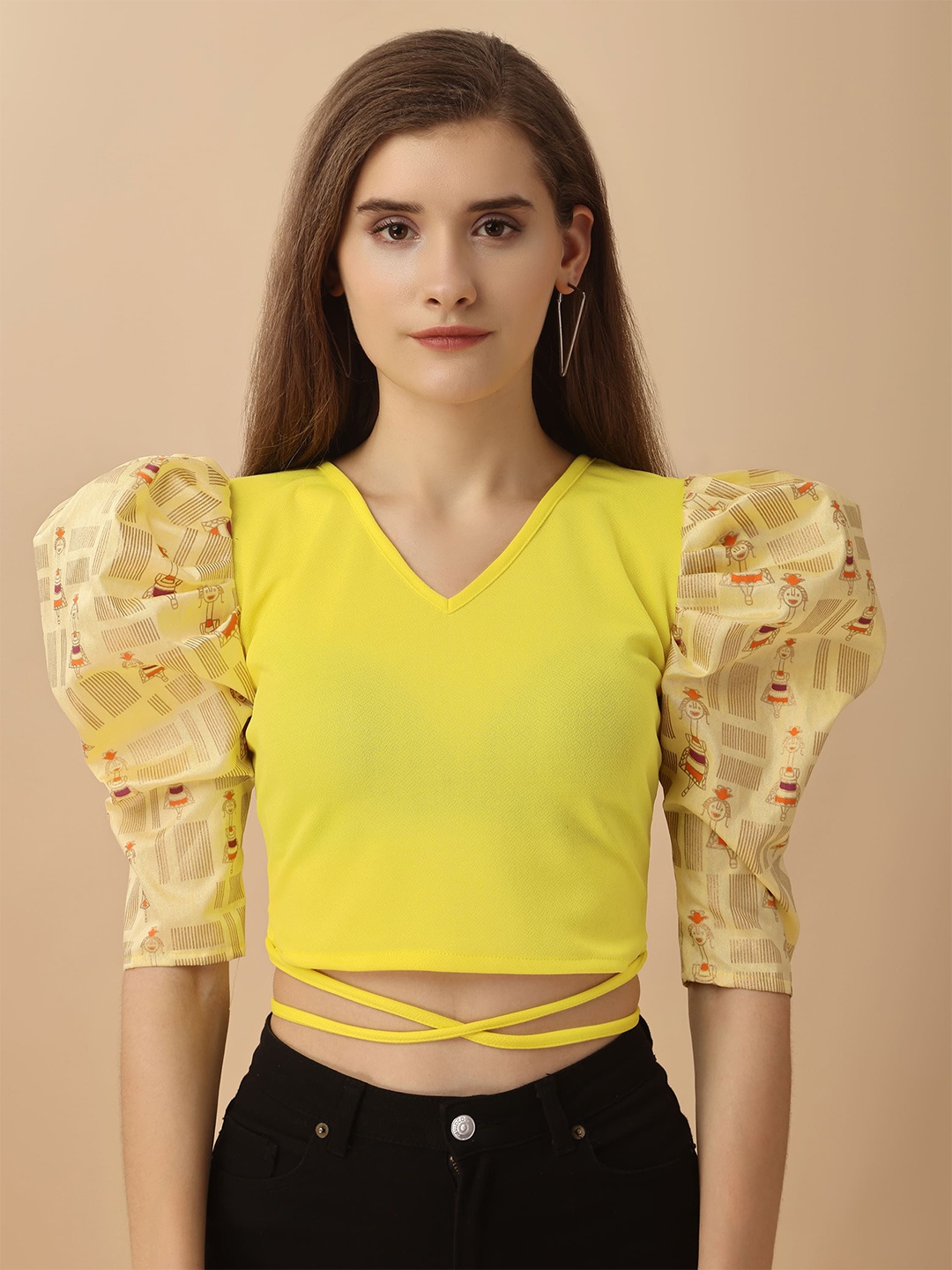 

Paralians V-Neck Puff Sleeves Waist Tie-Up Crop Top, Yellow