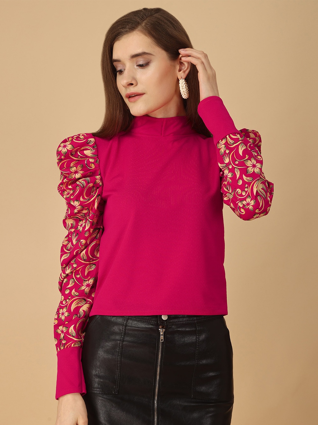 

Paralians High Neck Floral Printed Puff Sleeves Top, Rose