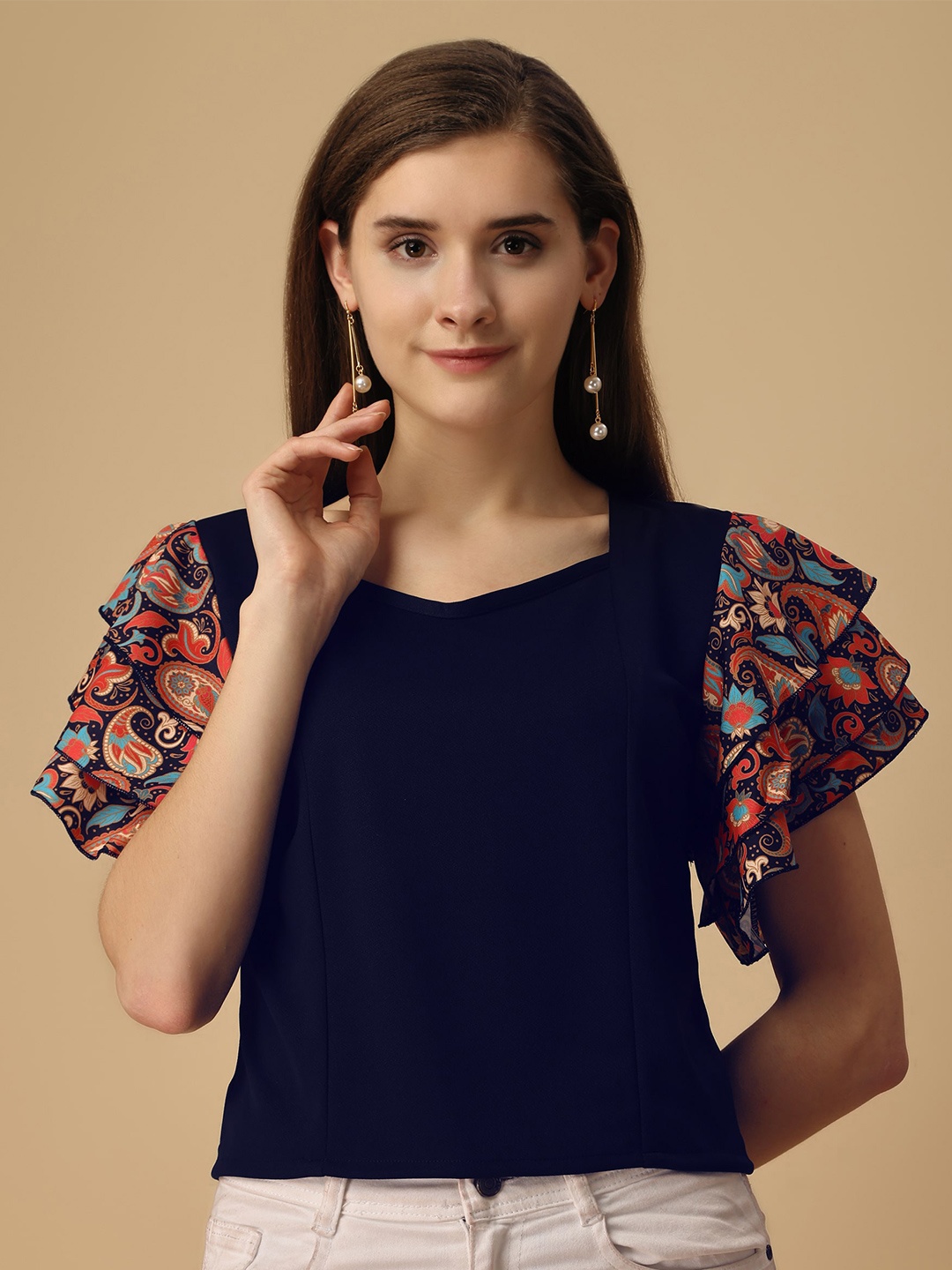 

Paralians V-Neck Paisley Printed Flutter Sleeves Regular Top, Navy blue