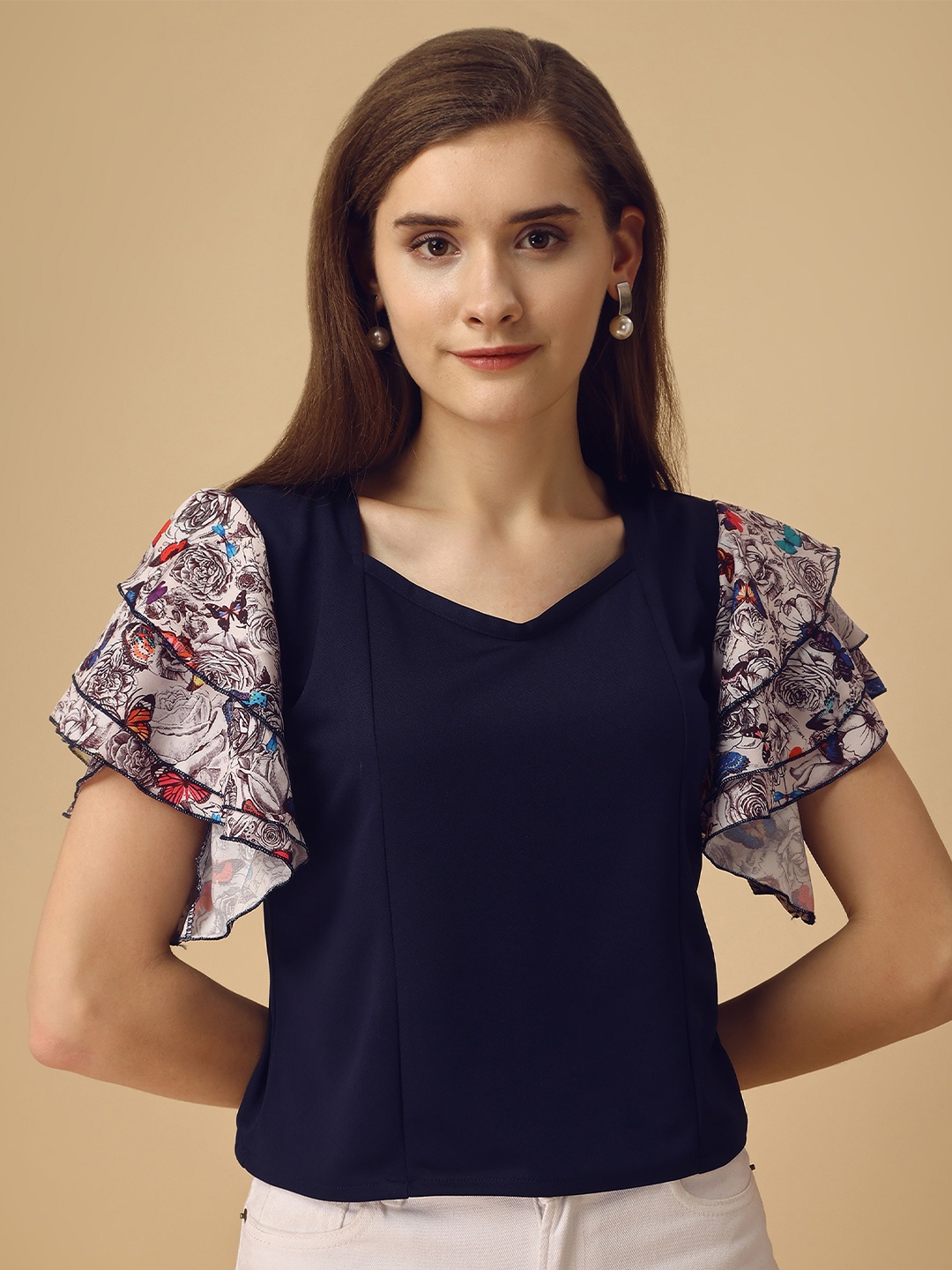 

Paralians V-Neck Flutter Sleeves Floral Printed Top, Navy blue