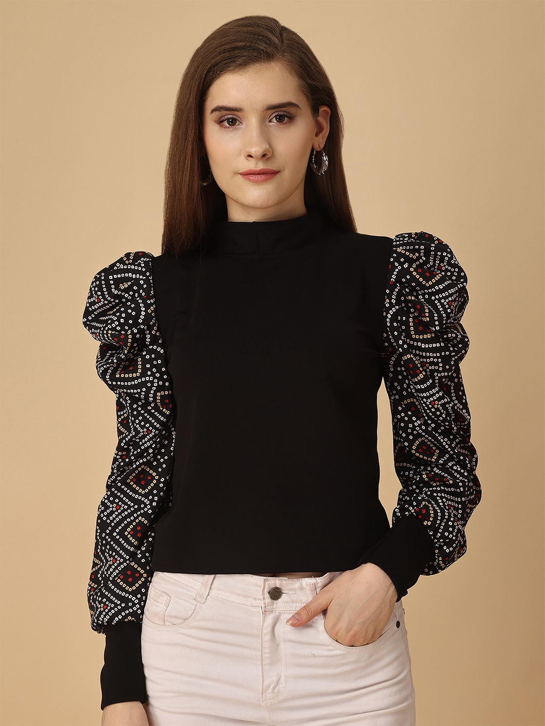 

Paralians High Neck Ethnic Motifs Printed Puff Sleeves Top, Black