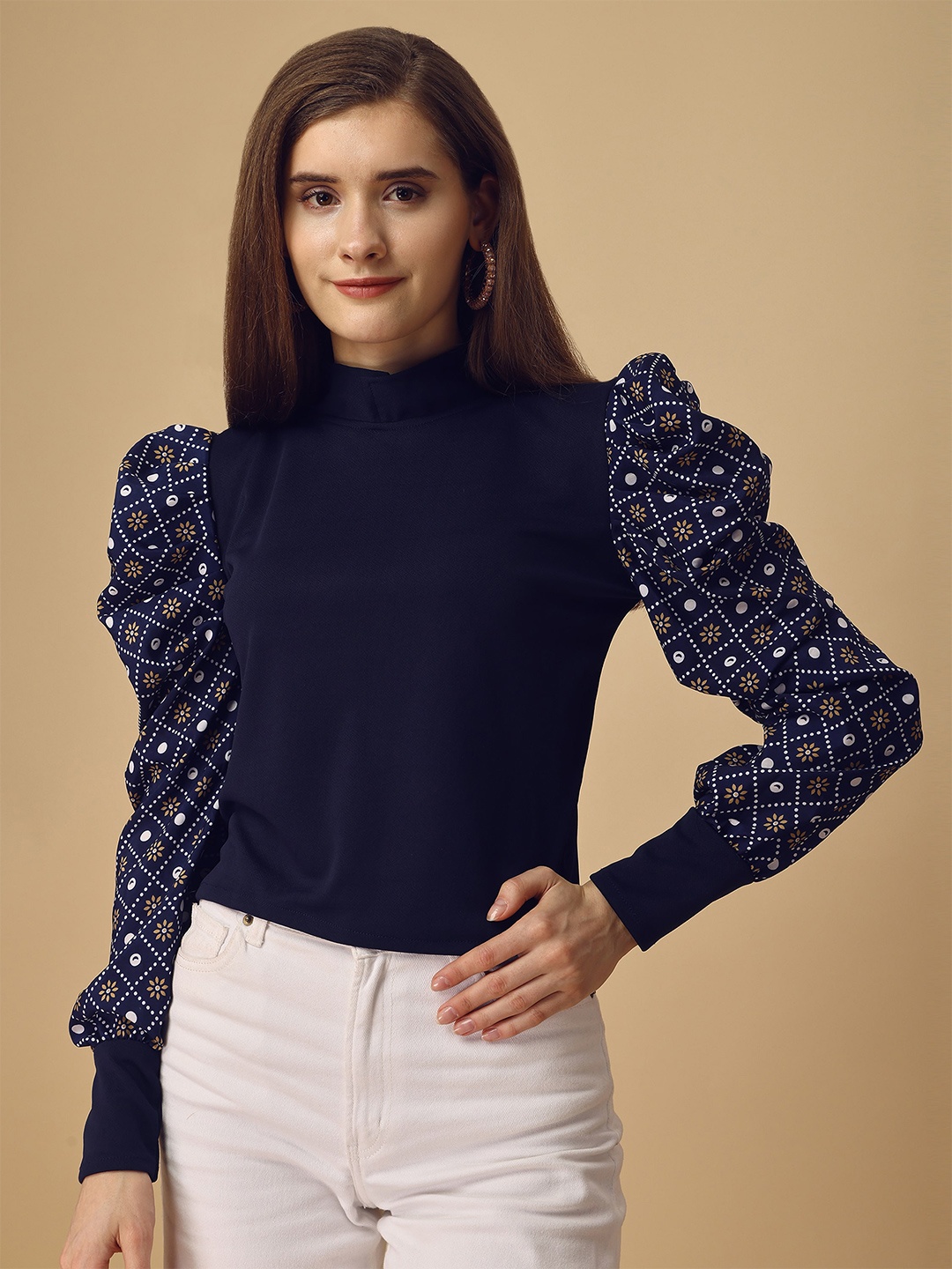 

Paralians High Neck Puff Sleeves Top, Blue