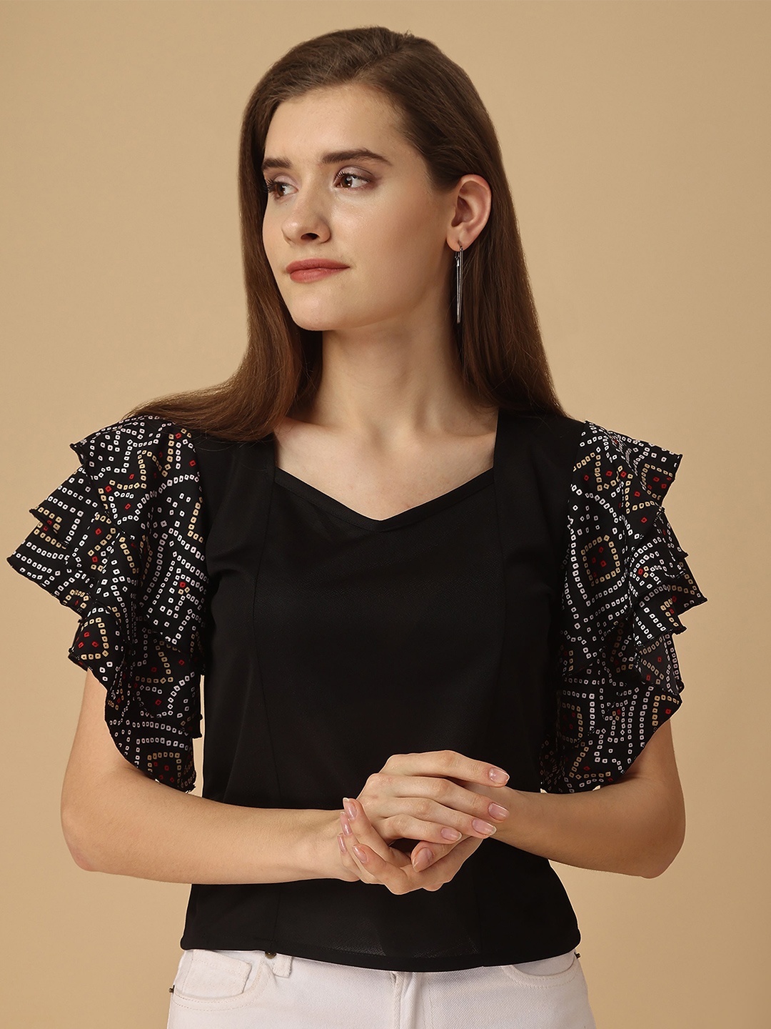 

Paralians Ethnic Motifs Printed Flared Sleeves Top, Black