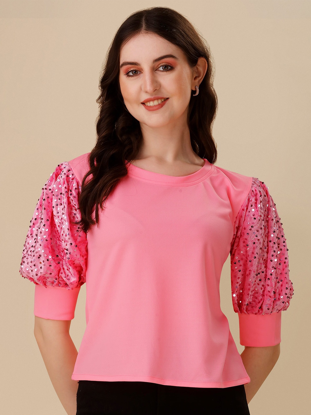 

Paralians Embellished Puff Sleeves Sequinned Top, Pink