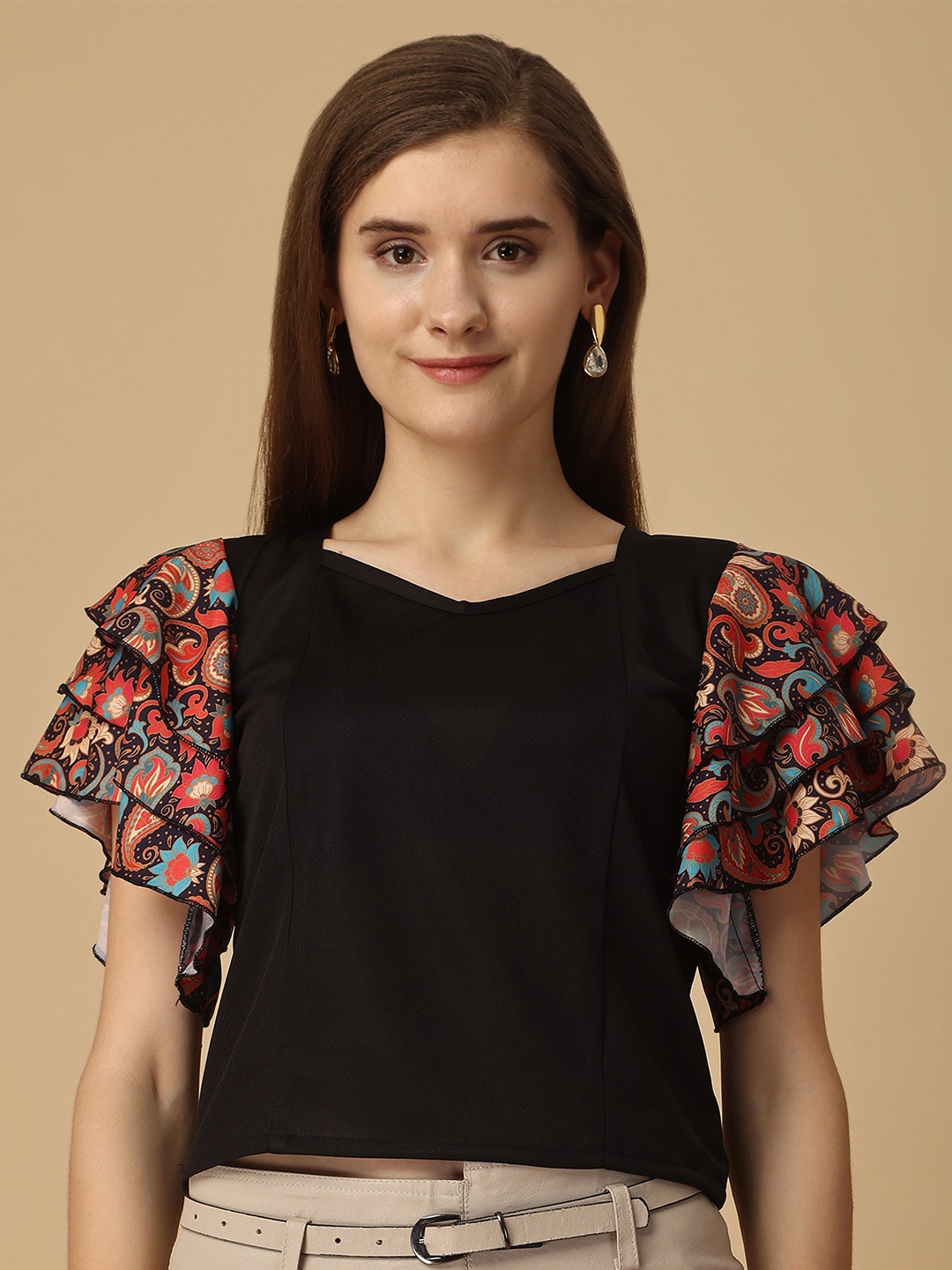 

Paralians Ethnic Motifs Printed V-Neck Flared Sleeves Top, Black