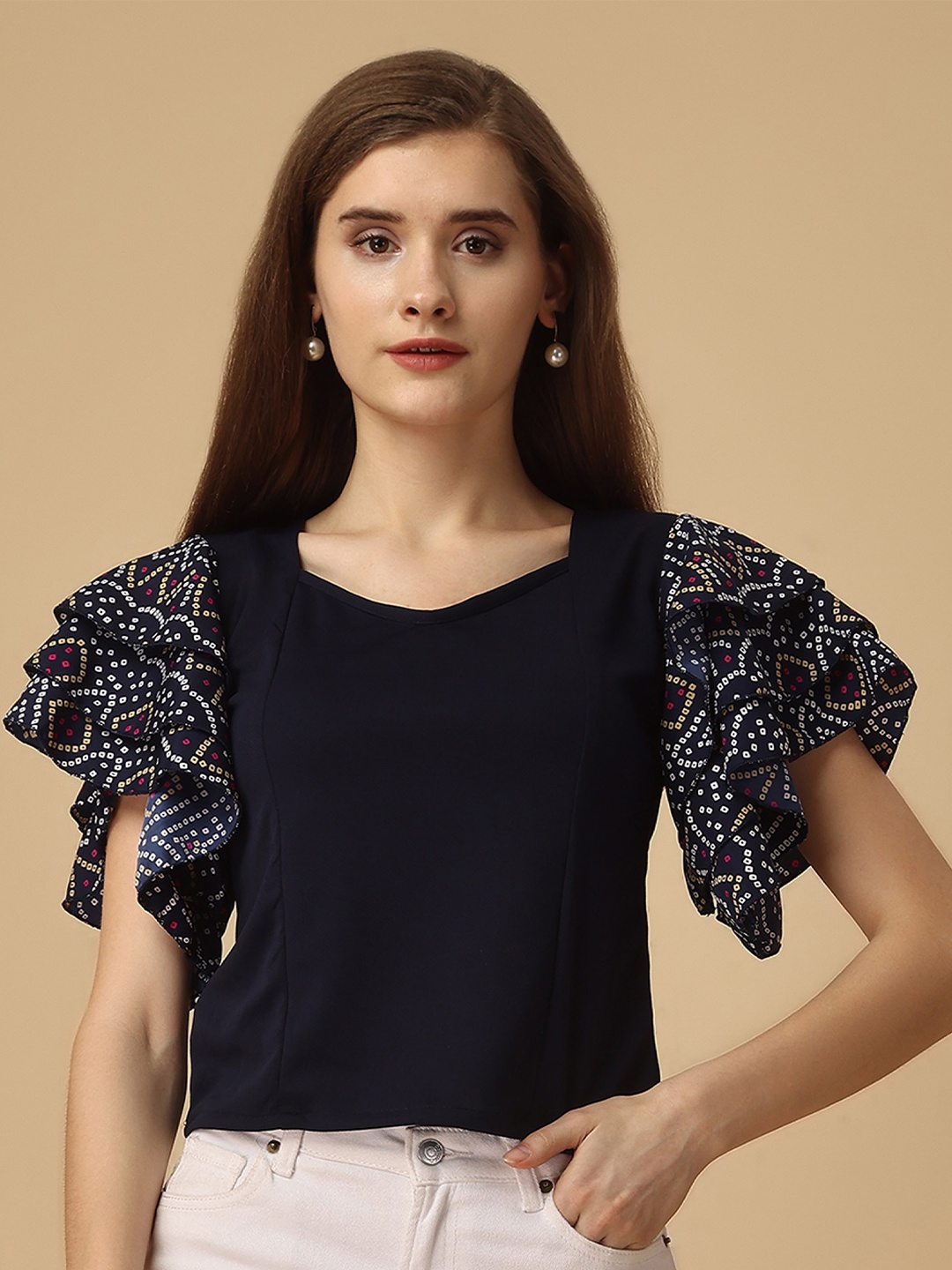 

Paralians V-Neck Printed Flutter Sleeves Top, Navy blue