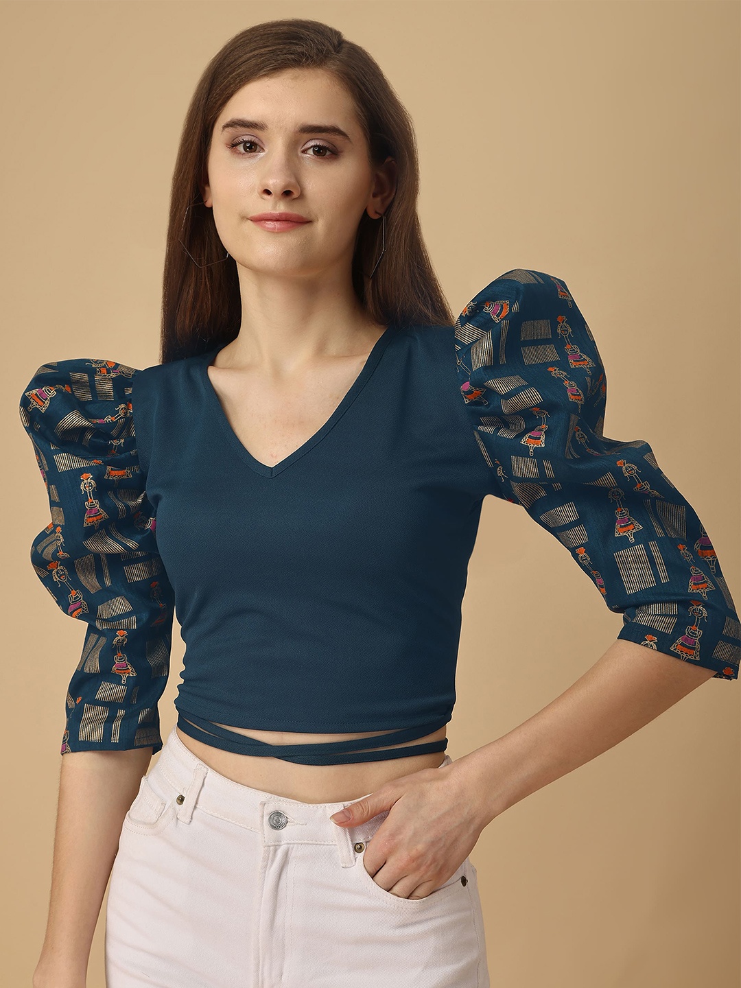 

Paralians V-Neck Puff Sleeves Waist Tie-Up Crop Top, Turquoise blue