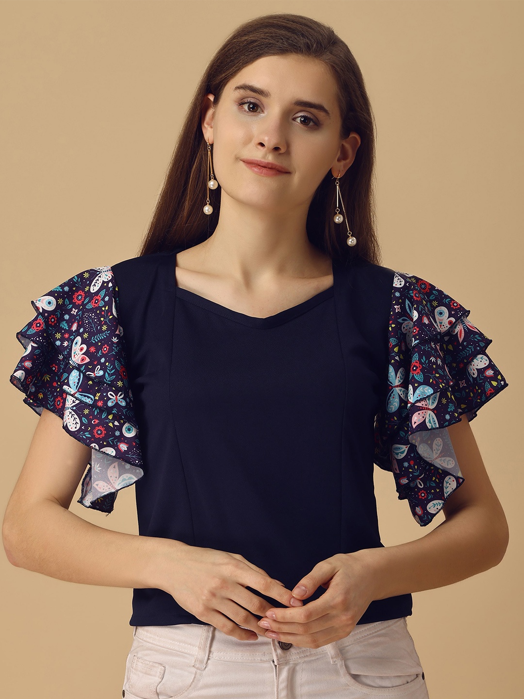 

Paralians V-Neck Flared Sleeves Top, Blue