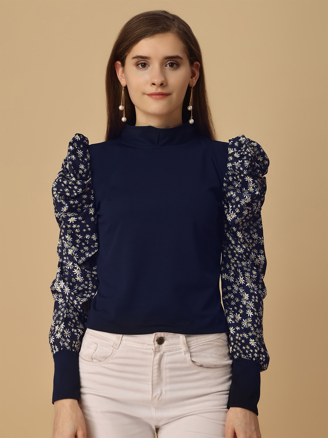 

Paralians High Neck Puff Sleeves Top, Blue