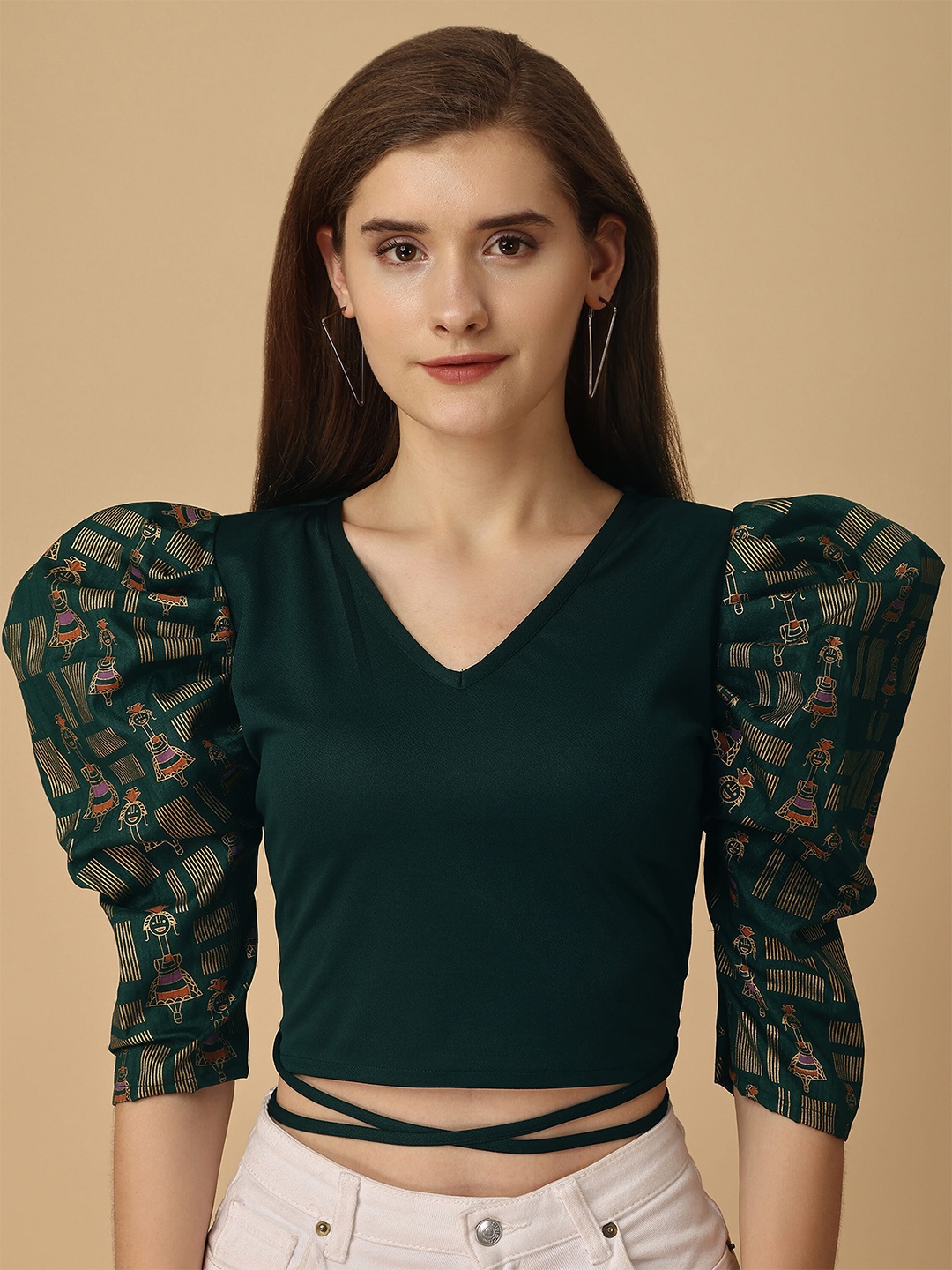 

Paralians Puff Sleeves Waist Tie-Up Ethnic Motifs Woven Design Fitted Crop Top, Green