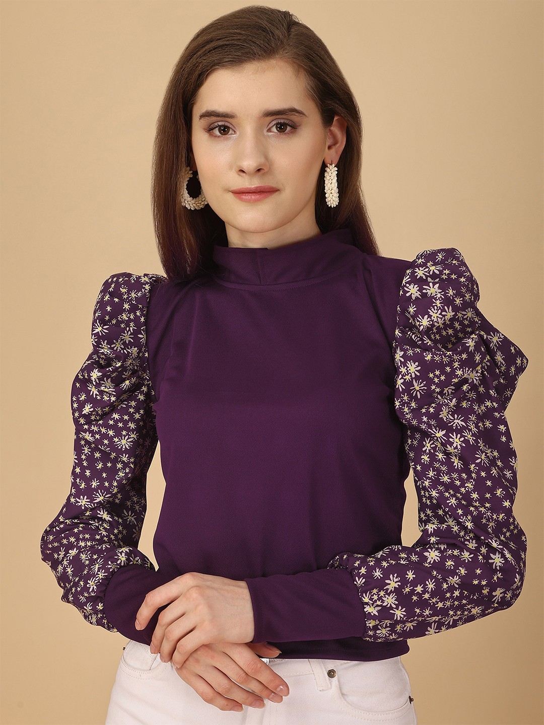 

Paralians High Neck Floral Printed Puff Sleeves Top, Purple