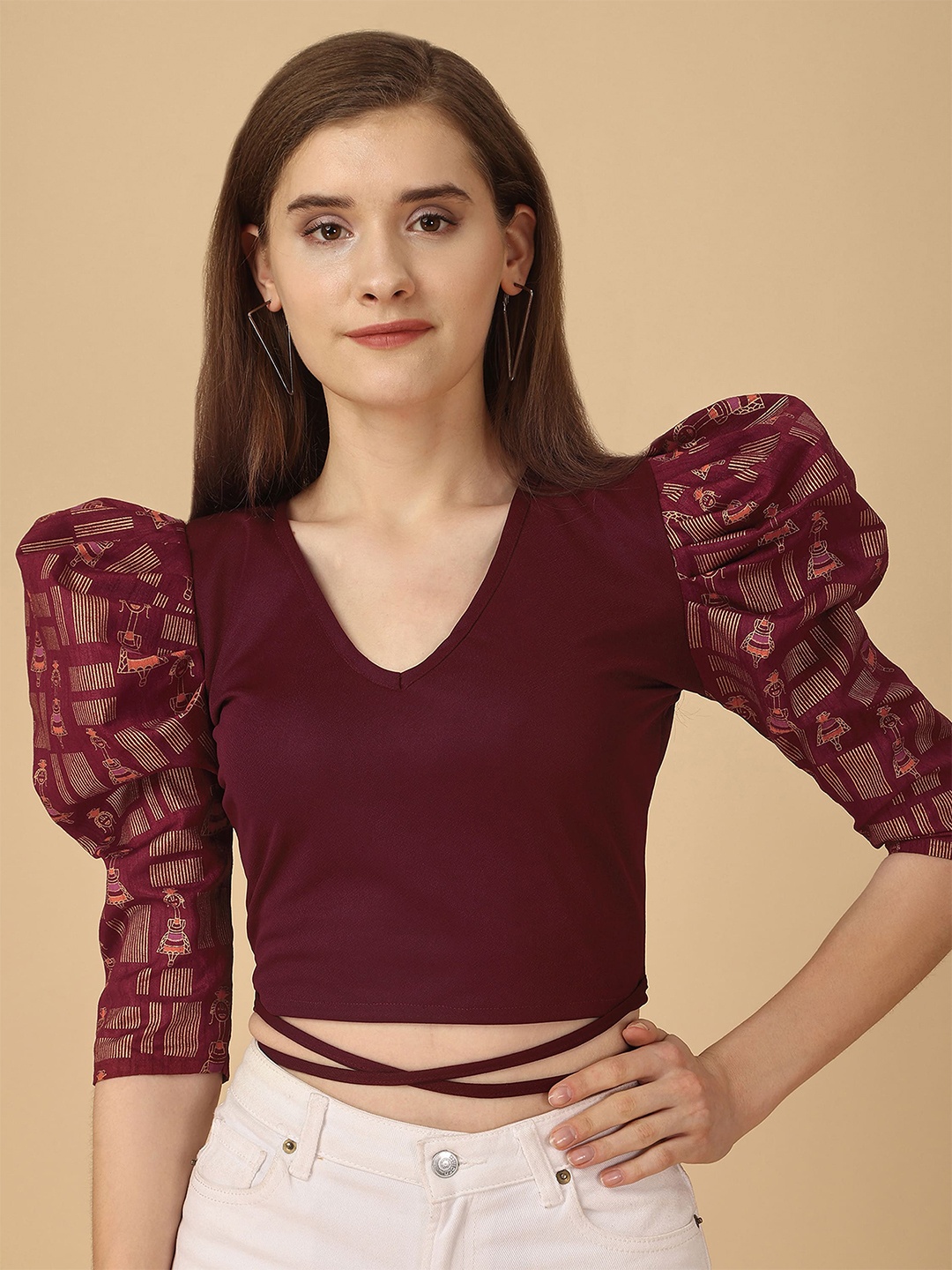 

Paralians Ethnic Motifs Printed V-Neck Puff Sleeves Waist Tie Up Crop Top, Maroon