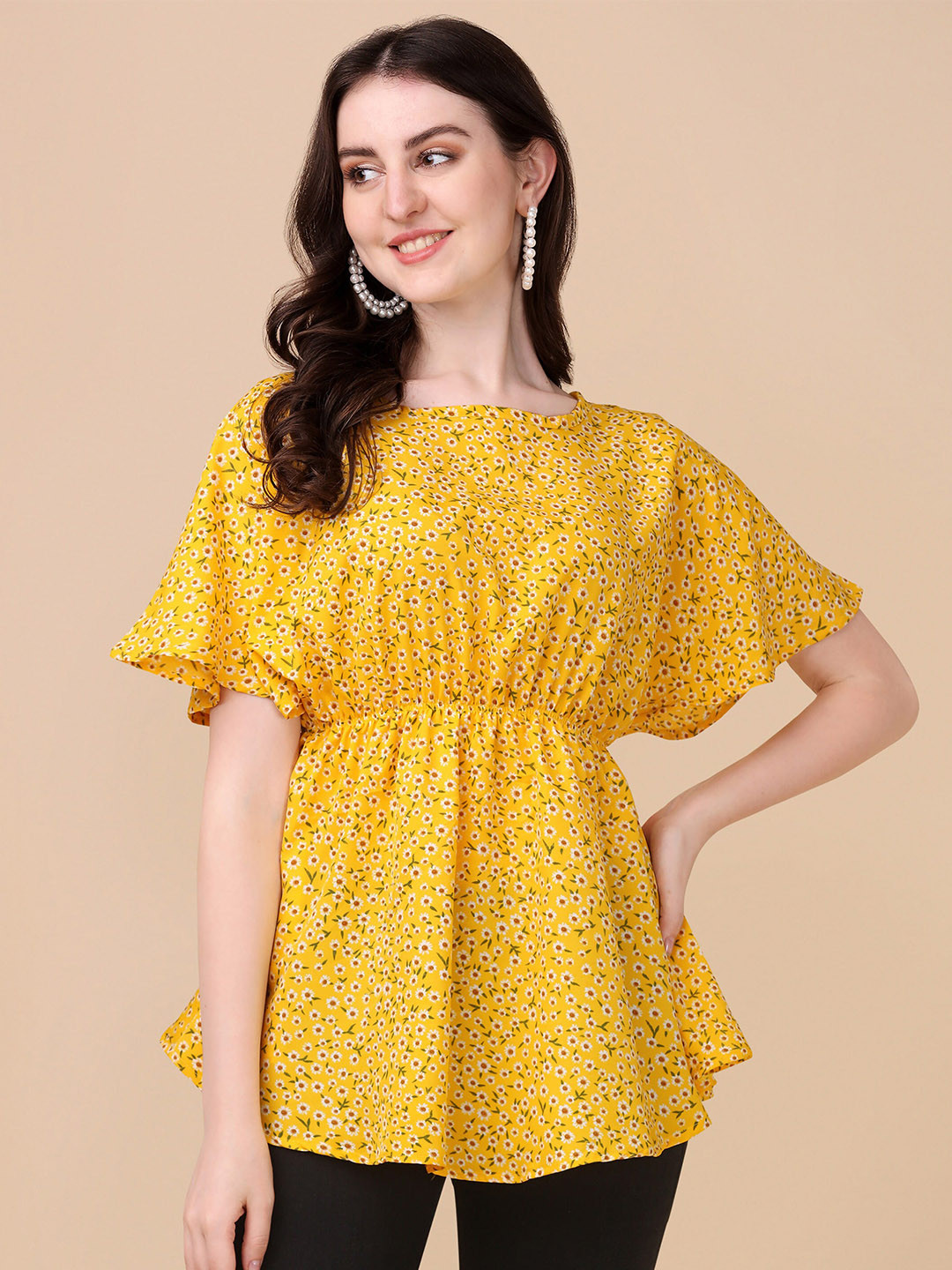 

Paralians Boat Neck Floral Printed Cinched Waist Top, Yellow