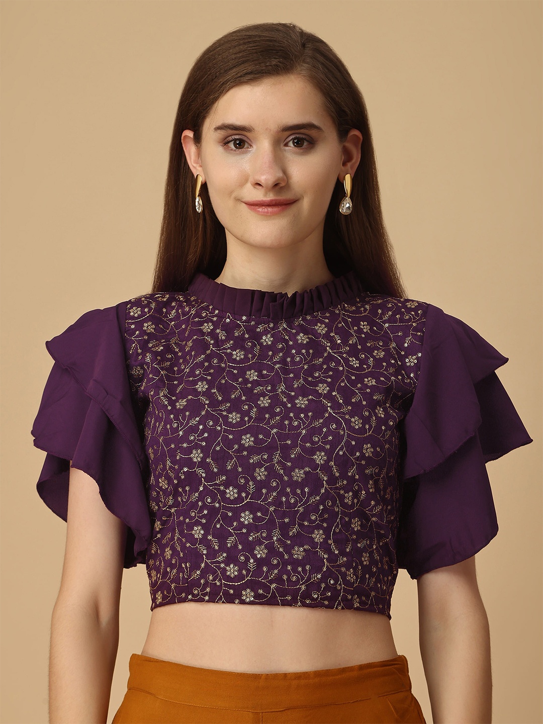 

Paralians High Neck Flutter Sleeves Floral Embroidered Sequined Crop Top, Purple